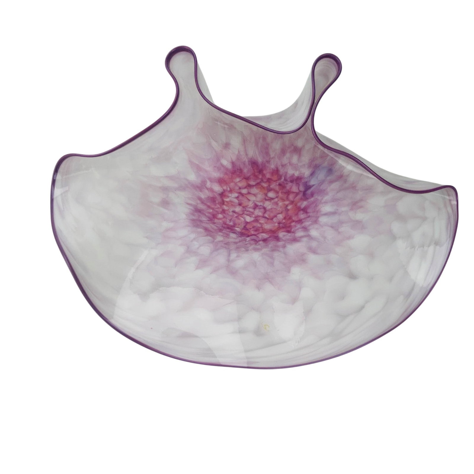 Cliff Goodman Seaform Style Art Glass Bowl SIGNED: Cliff Goodman (American, born 1956) studio blown art glass bowl. Featuring a freeform folded rim with four upturned points. Executed in white mottled glass with lavender and purple shading radiating f
