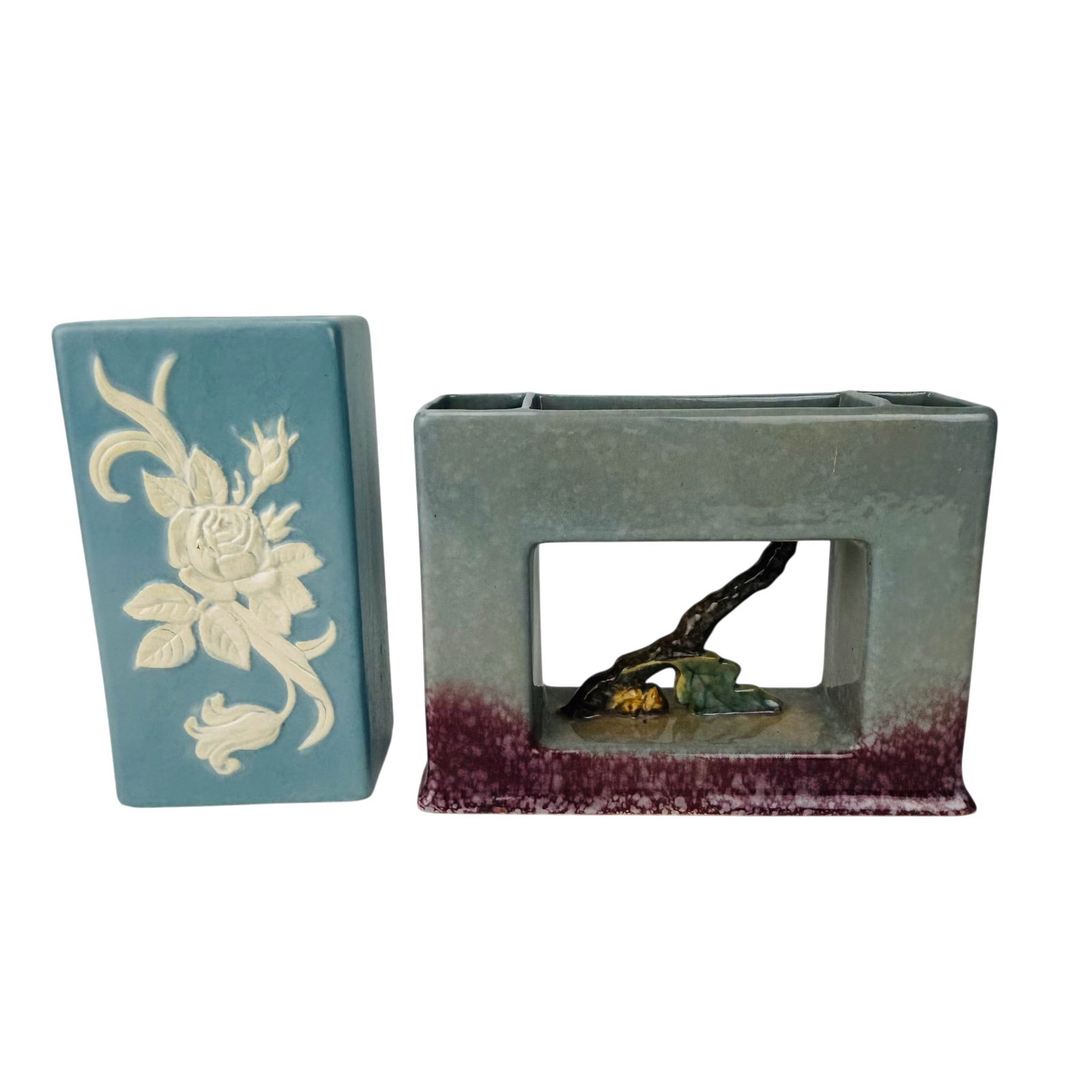 Roseville Artwood Planter & Weller Cameo Rose Vase: Lot of two American art pottery pieces. Includes a Roseville Pottery Artwood line partitioned planter with rectangular openwork form, branch and leaf decoration, and mottled gray and mauve glaze. A We