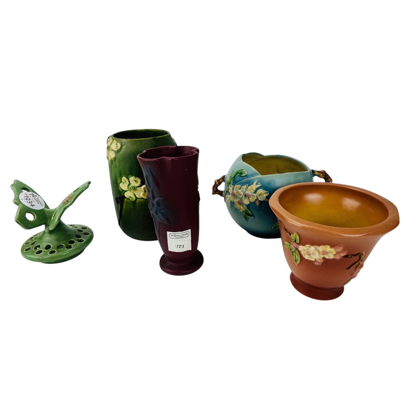 Roseville, Van Briggle & Camark Art Pottery 5pc: Estate lot of five American art pottery pieces. Includes three Roseville items, one in the Dogwood pattern with green glaze and molded dogwood blossom and branch decoration, two in the Apple Blossom p