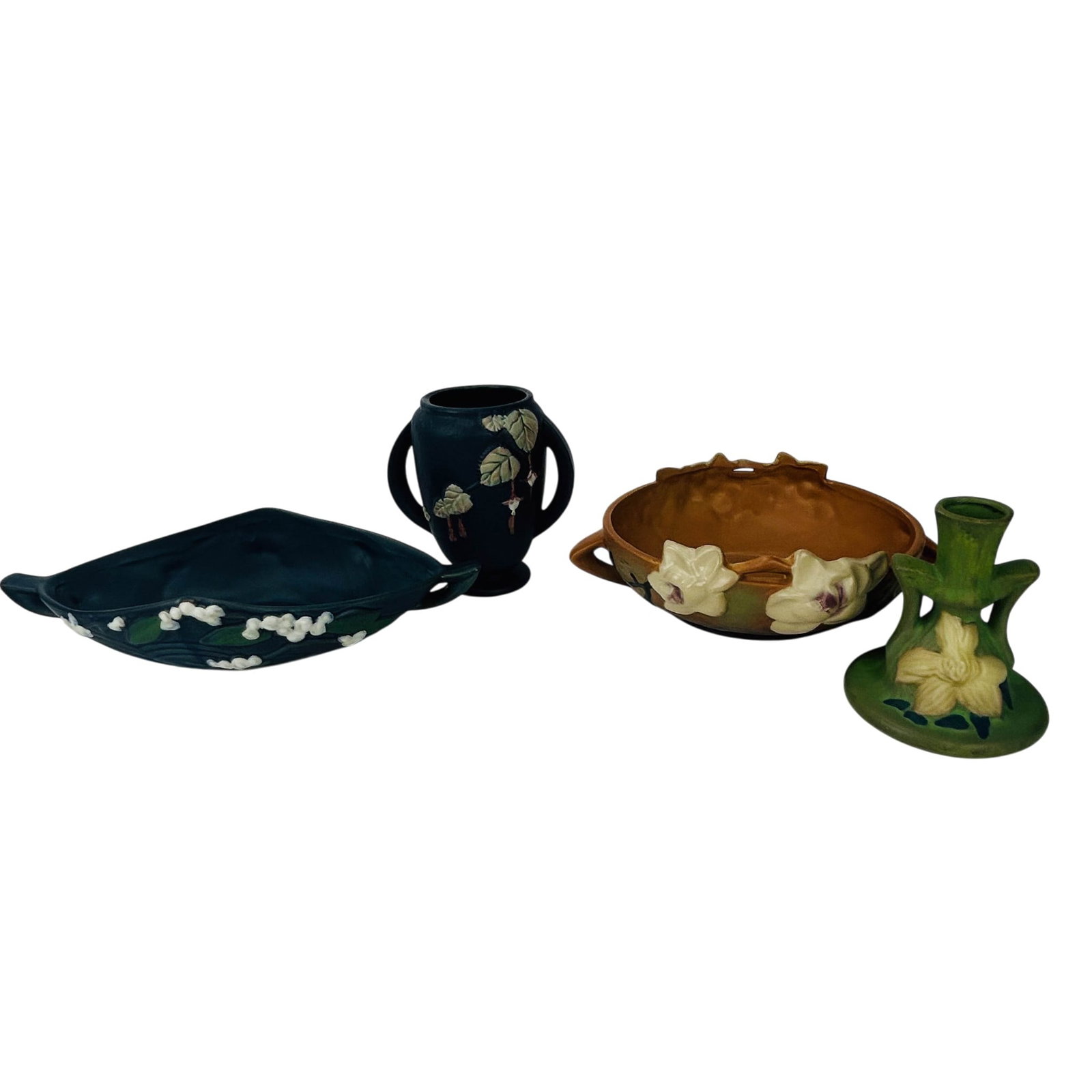 Roseville Style Candleholder Console Bowl Vase 4pc: Group of four Roseville style pottery floral-form pieces. Includes a blue vase, shape 893-6, with applied leaf decoration and loop handles; a blue console bowl with applied floral garland decoration; 