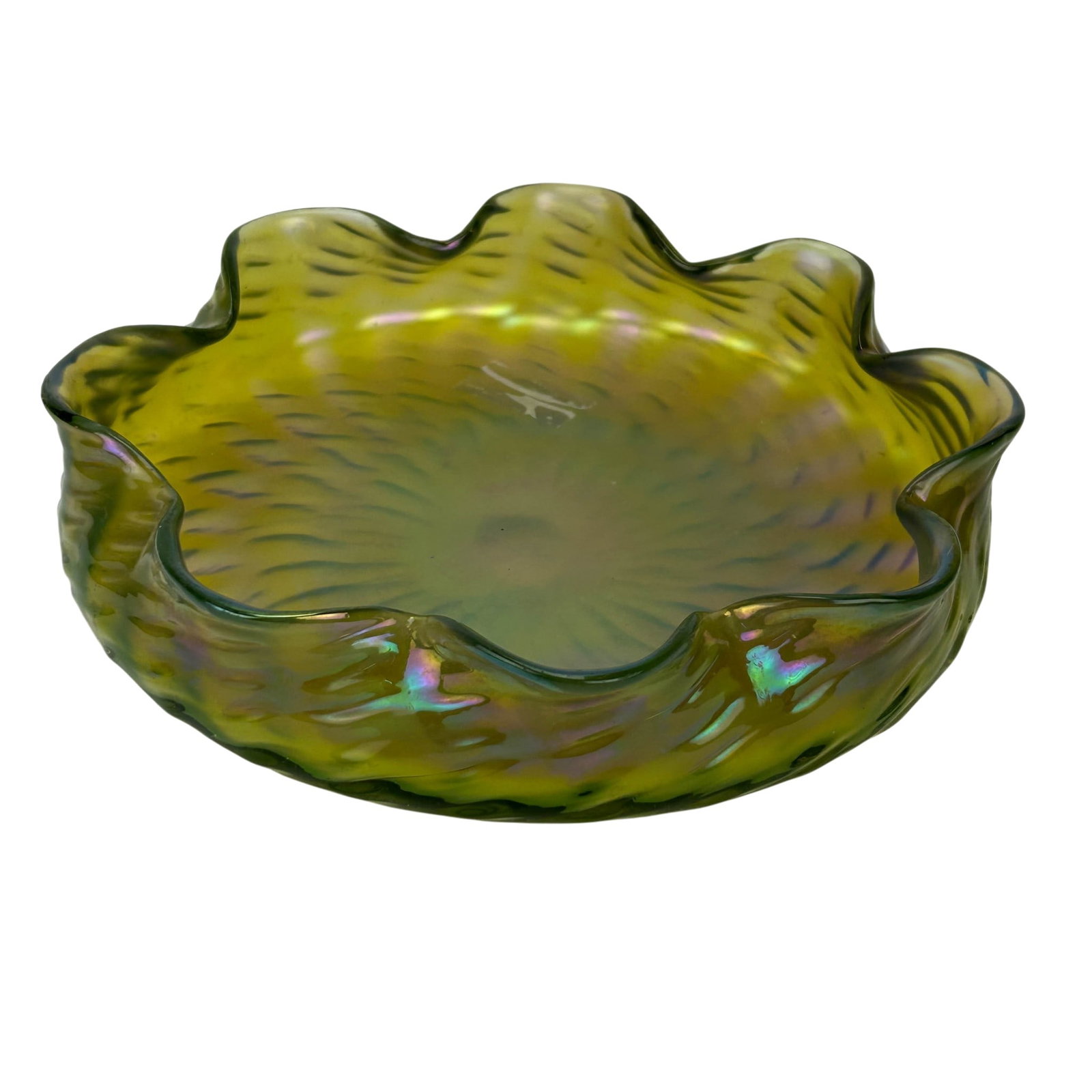 Iridescent Art Deco Centerpiece Bowl after Tiffany: Studio hand blown art glass center bowl in an iridescent olive green tone with wave. Design features a scalloped rim, molded swirling pattern, and luminous iridescent finish displaying purple, pink, a