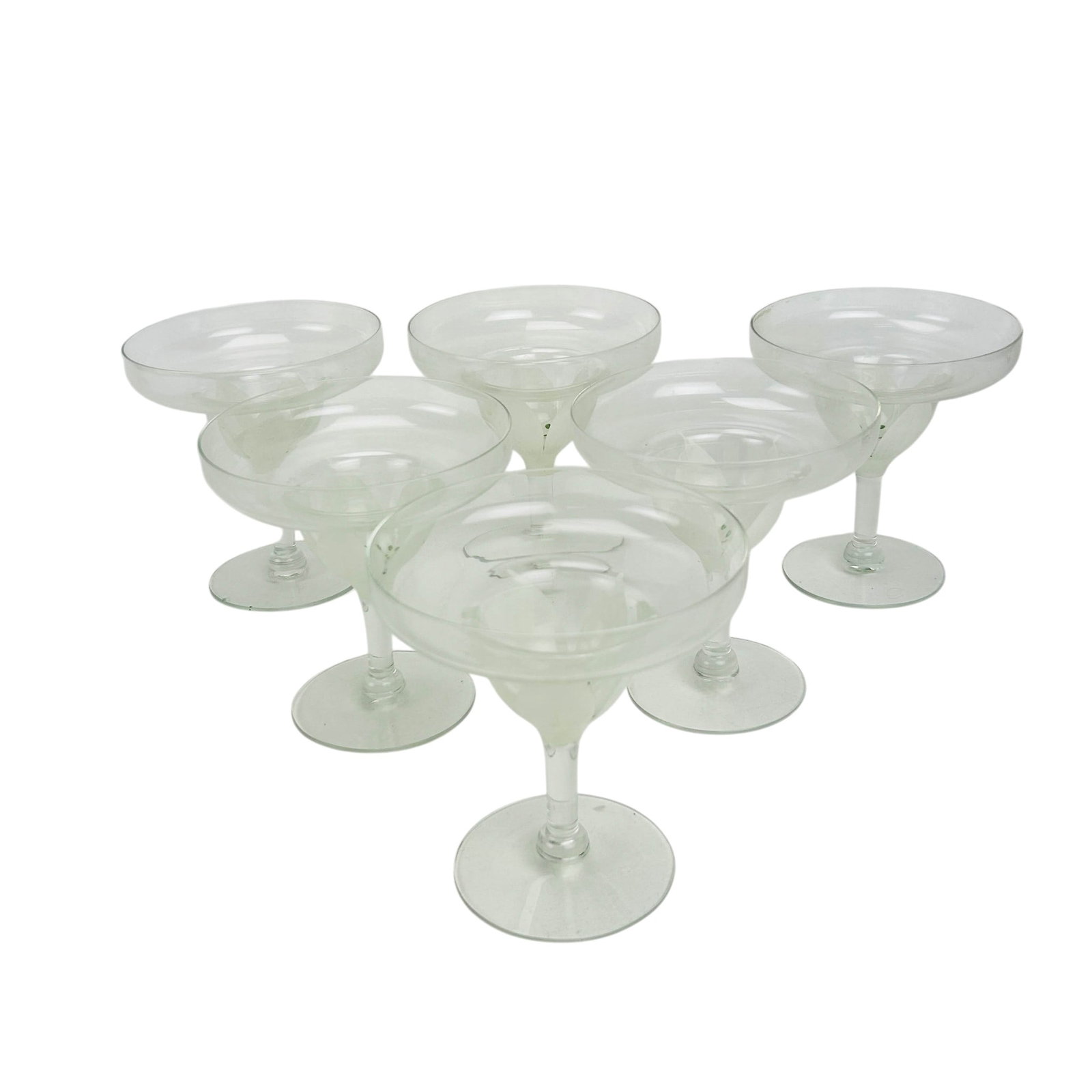 Rosenthal Style Tulip Champagne Barware Sherbet 6p: Set of six Rosenthal style clear stemmed champagne coupe glasses featuring white enamel painted floral decoration with green dotted centers. Each modeled with a broad shallow bowl raised on clear stem