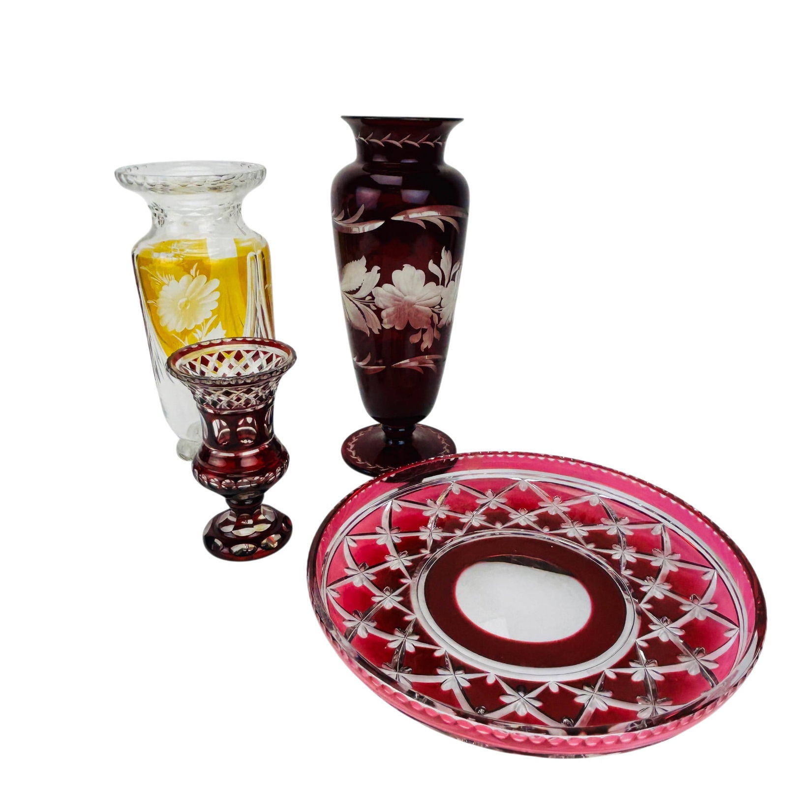 Bohemian Czech Crystal Cut Clear Vase Tray 4pc LOT (1 of 7)