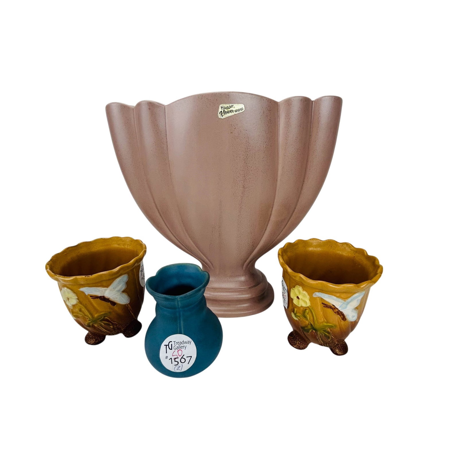 Weller & Haeger Art Pottery Vase & Fan Tulipiere: Collection of four American art pottery ceramic decorative pieces including a Royal Haeger fan shaped tulipiere planter in a pink matte glaze, and three Weller vases, one in a turquoise matte blue, th