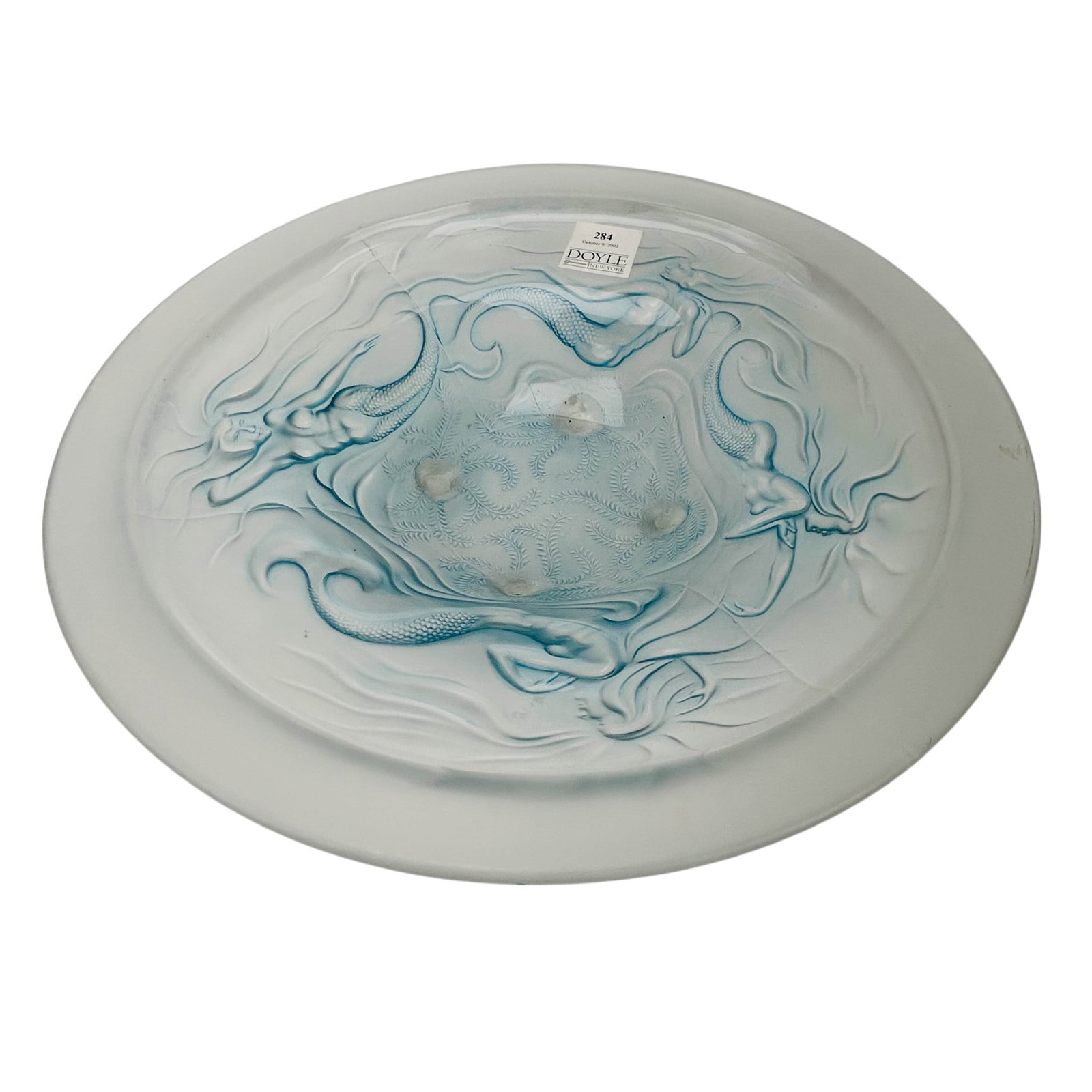 Lalique Style Frosted Mermaid Centerpiece Bowl 15": Art Deco large frosted molded art glass centerpiece bowl in the Lalique style. Features four mermaids swimming amid flowing waves around the exterior. The bowl has a broad circular rim, pale opalescen