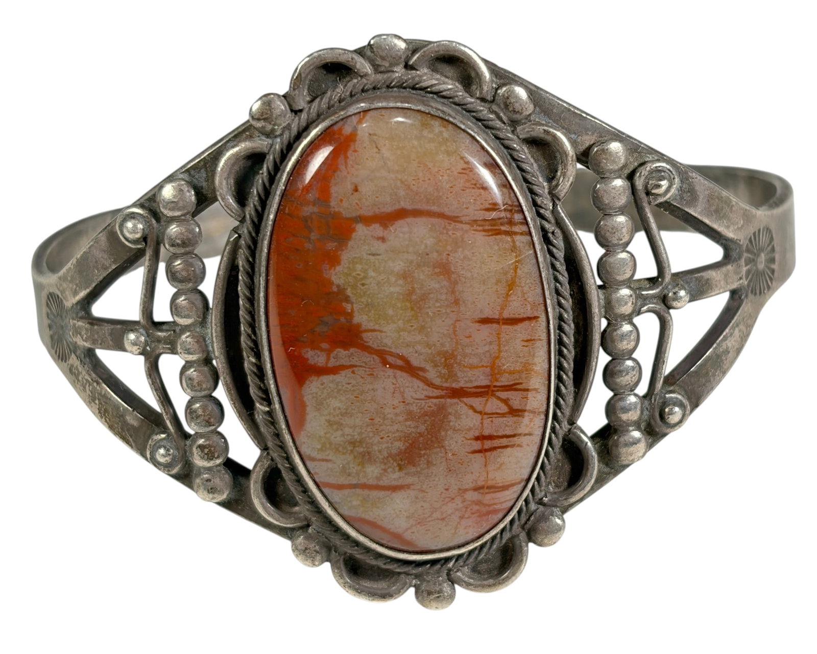 Sterling Silver Jasper Cabochon Cuff Bracelet 28g: Open sterling silver cuff bracelet featuring a large polished oval jasper stone in a decorative openwork setting with bead and scroll accents. The bracelet weighs 28.6 grams and displays attractive na