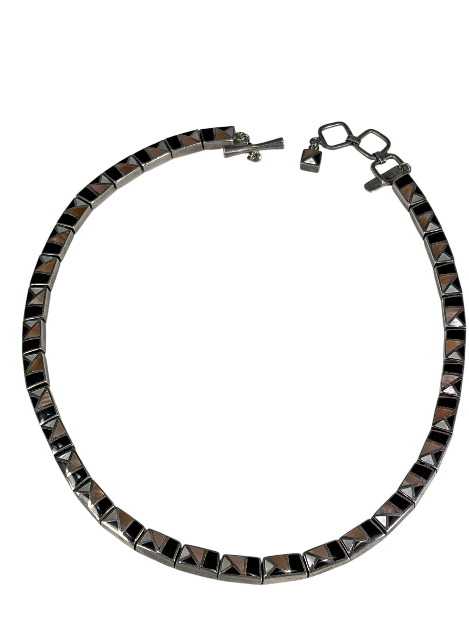 Sterling Silver Geometric Inlay Link Necklace 81g: Sterling silver link necklace featuring rectangular links with geometric black and metallic inlay designs. Secures with a concealed box clasp and safety chain. Total weight approximately 81 grams. A c