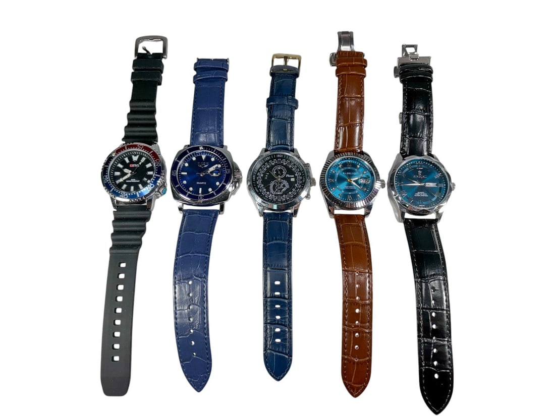 Inspired Designer Style Fashion Wristwatches 5pcs: Collection of five wristwatches inspired by famous luxury watch designs. Lot includes four watches fitted with faux leather bands in assorted colors and one watch with a black rubber strap. Features i