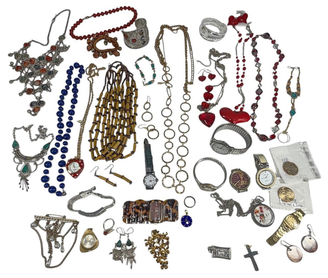 Mixed Costume Jewelry & Fashion Watches 46pc LOT: Lot of 46 pieces of assorted costume jewelry and accessories including necklaces, bracelets, earrings, rings, pendants, brooches, wristwatches, beaded strands, fashion watch necklaces, and two Native 