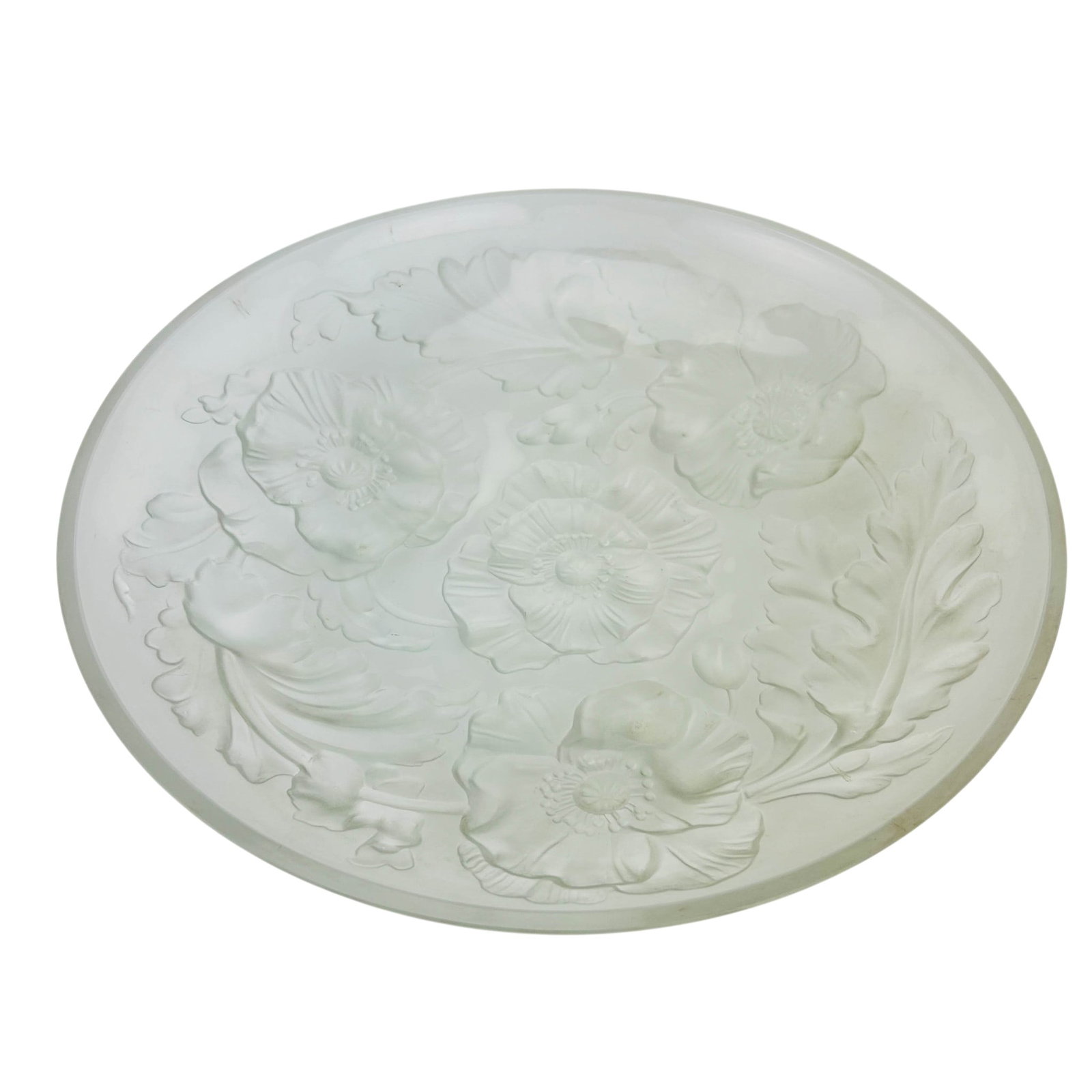 Verlys Style Frosted Crystal Art Deco Centerbowl: Frosted crystal charger having a circular form with molded poppy blossoms, buds, and foliage rendered in satin finished relief against a polished clear ground. No apparent markings. Hence being attrib