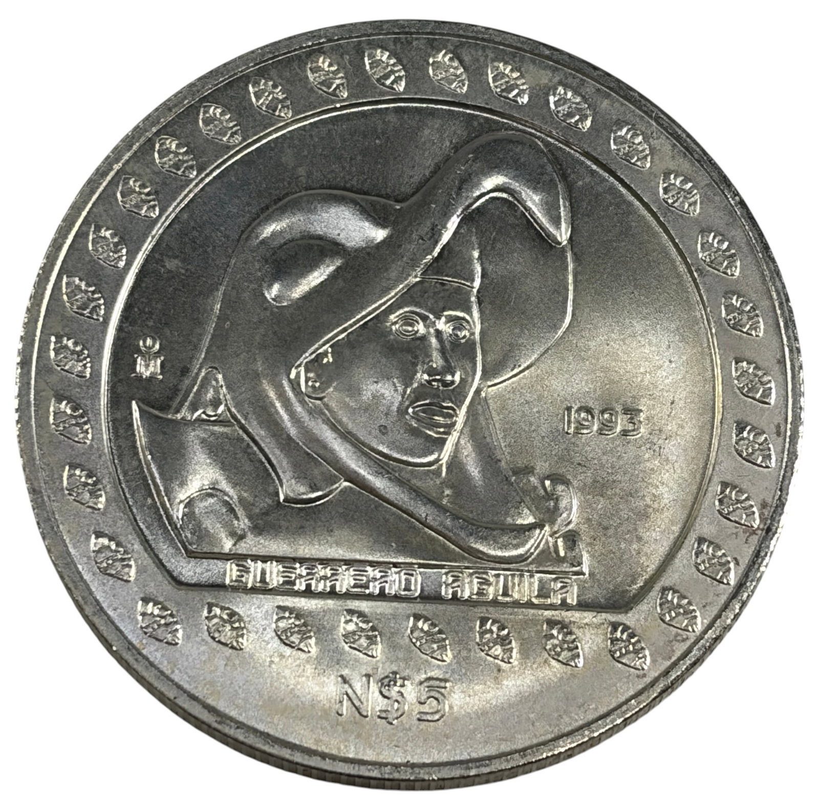 1993 Mexico 1Oz Guerrero Aguila Aztec Silver Round: 1993 Mexico Guerrero Aguila 1 oz silver round featuring a stylized portrait of the Eagle Warrior (Guerrero Aguila) on the obverse and the Mexican National Coat of Arms with eagle and serpent on the re