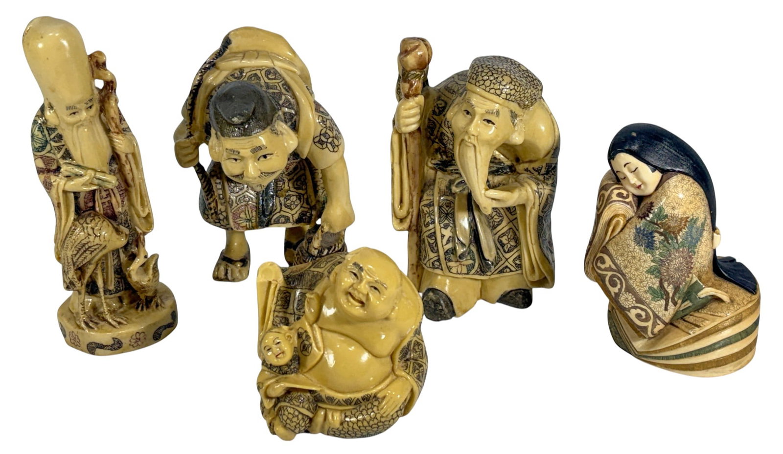Japanese Resin Traditional Figural Sculptures 5pcs: Lot of five Japanese resin figurines depicting traditional figures including Hotei, elders, and a seated woman. Features molded and hand-painted decoration with engraved details. Various artist marks 