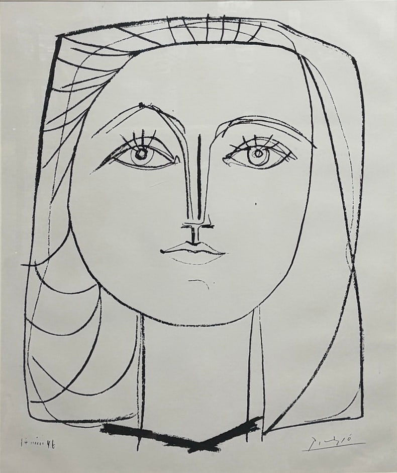 After Pablo Picasso Signed Portrait Lithograph: Framed lithograph after Pablo Picasso depicting a stylized female portrait rendered in bold black line. Pencil signed "Picasso" lower right. From a limited edition of 100 impressions, issued in 1989. 