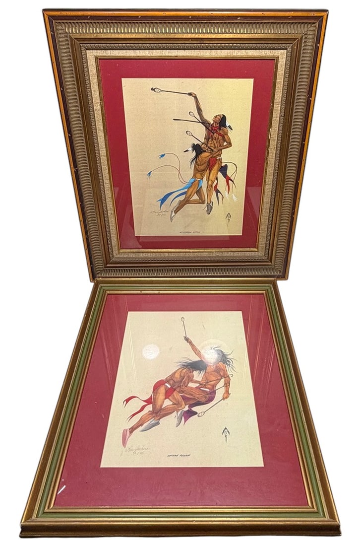 Lee Joshue L/E Native American Stickball Prints 2p: Pair of framed limited edition prints by Lee Joshue depicting Native American stickball scenes titled "Stickball Battle" and "Getting Rough." Both are pencil signed and numbered, with editions 29/50 a