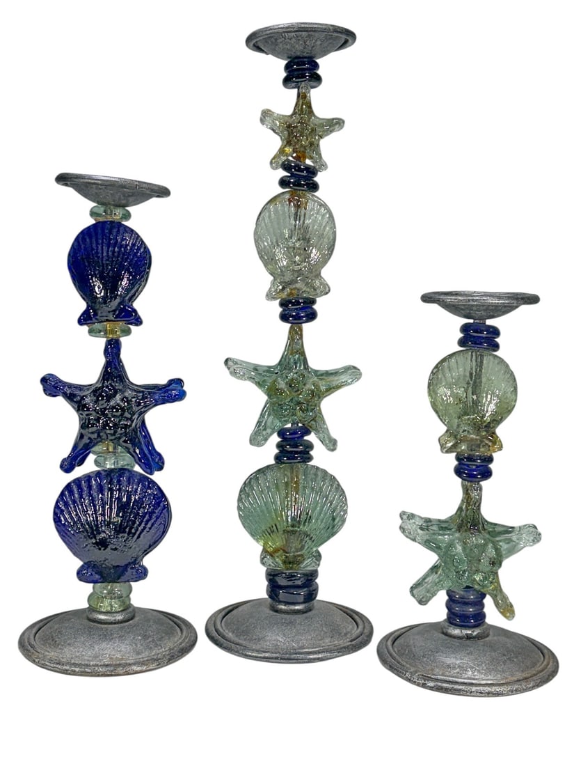 Cobalt Blue & Clear Art Glass Candlesticks 3pc LOT (1 of 5)