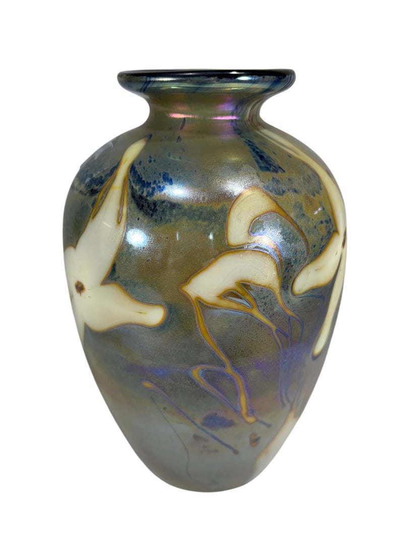 Iridescent Art Glass Vase White Floral Motif Decor (1 of 5)