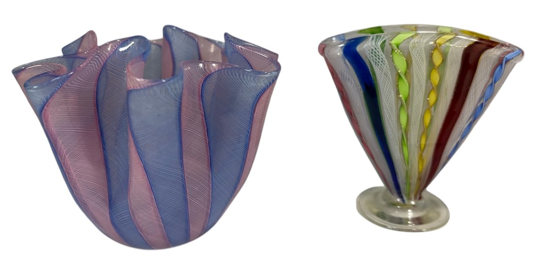 Murano Seguso Style Filigrana Art Glass 2pc LOT: Two hand-blown Italian art glass decorative vessels in the Murano Seguso style. Lot includes one pink and blue filigrana handkerchief bowl with acid-etched "Murano Italy" mark to the underside, and on