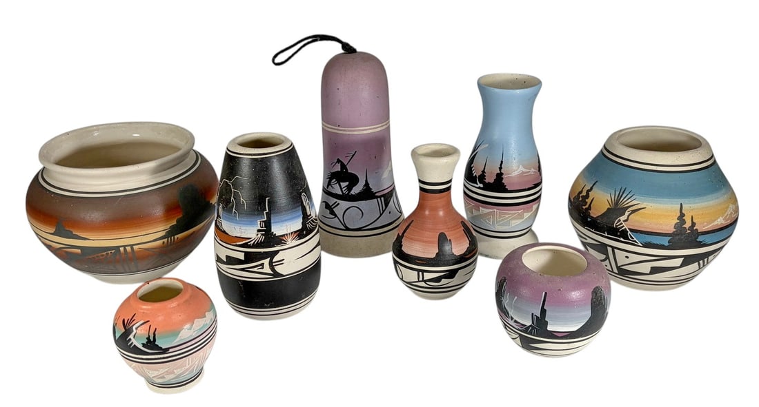 Navajo Art Southwest Pottery Collection 8pc LOT: Collection of eight Southwestern pottery items, including miniature vases, jars, a bowl, and one bell with clapper. Decorated with hand-painted desert landscape and pueblo motifs in traditional Navajo