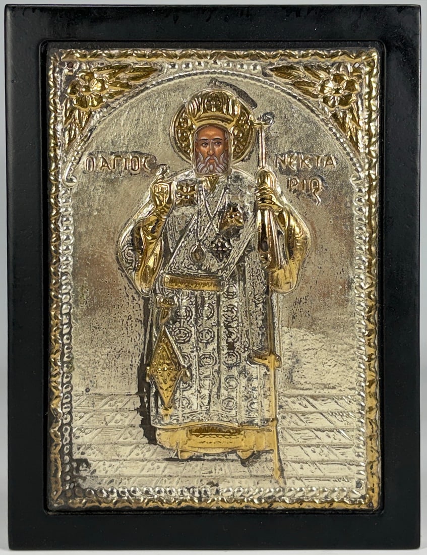Greek Orthodox St Nicholas Silver Icon Panel Art (1 of 4)