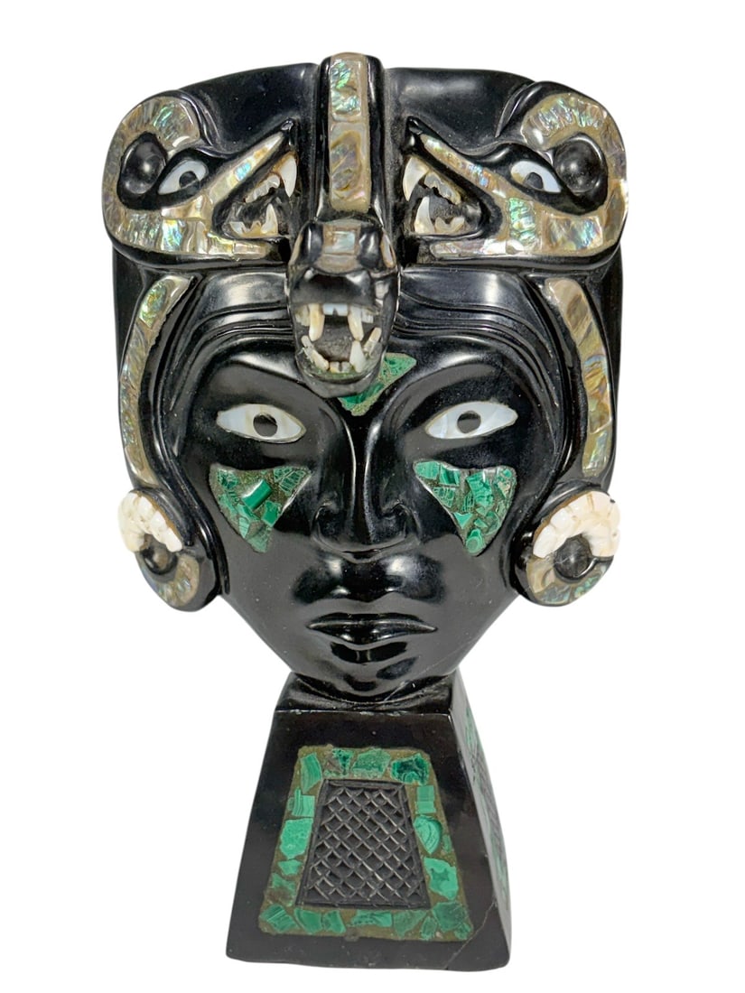 Stone Carved Aztec Style Bust w/ Inlay Mask Decor (1 of 5)