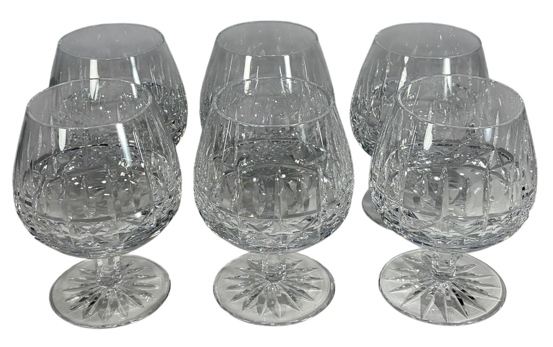 Waterford Lismore Brandy Snifters Crystal 6pc LOT: Set of six Waterford Crystal Lismore brandy snifters featuring the classic diamond and wedge cut pattern in clear crystal. Each acid-etched "Waterford" on the base. Ideal for serving brandy or cognac 