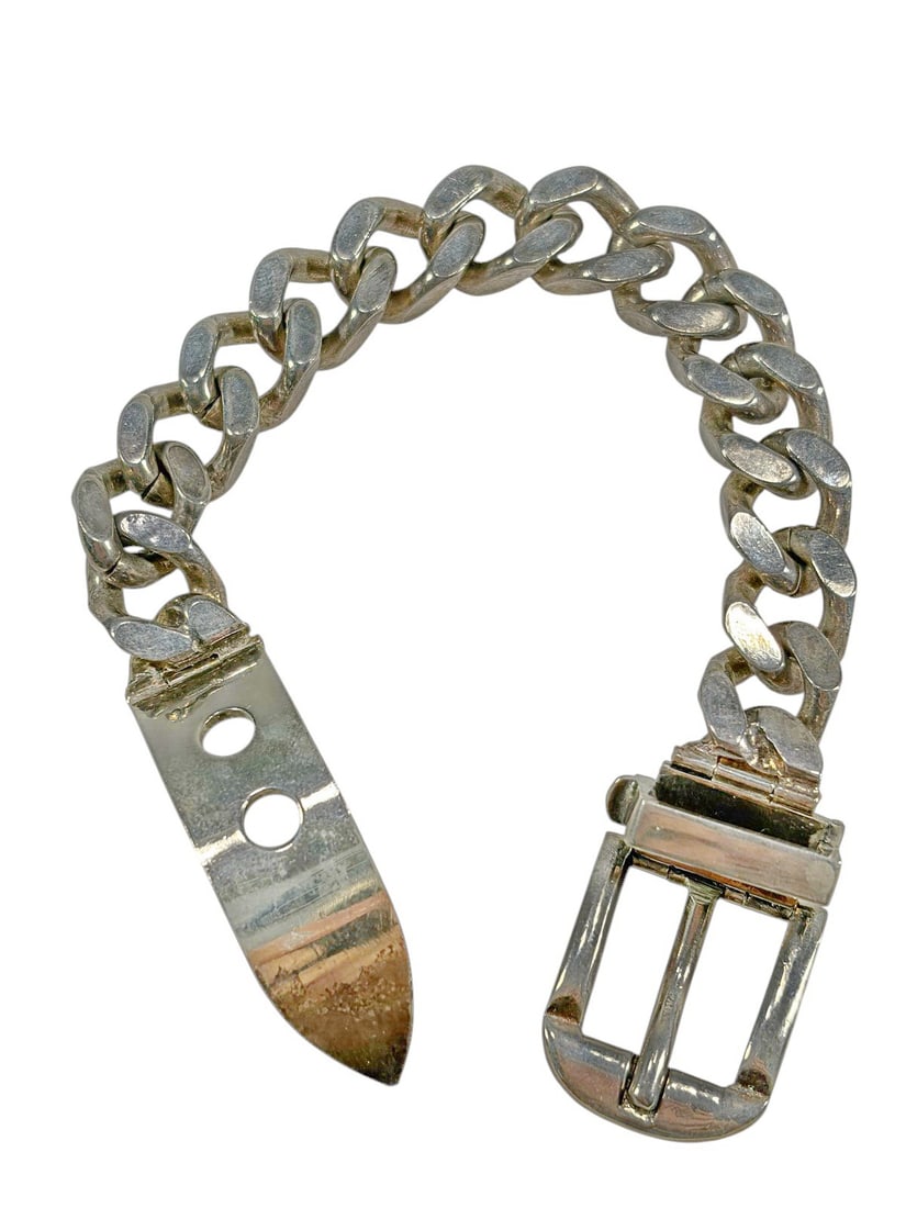 Italian Chunky Chain Bracelet With Buckle Clasp St: Italian chunky curb-link bracelet featuring an oversized buckle-style clasp with fold-over safety closure. Marked "ITALY" on the clasp. Constructed of silver-tone metal, likely stainless steel or a ba