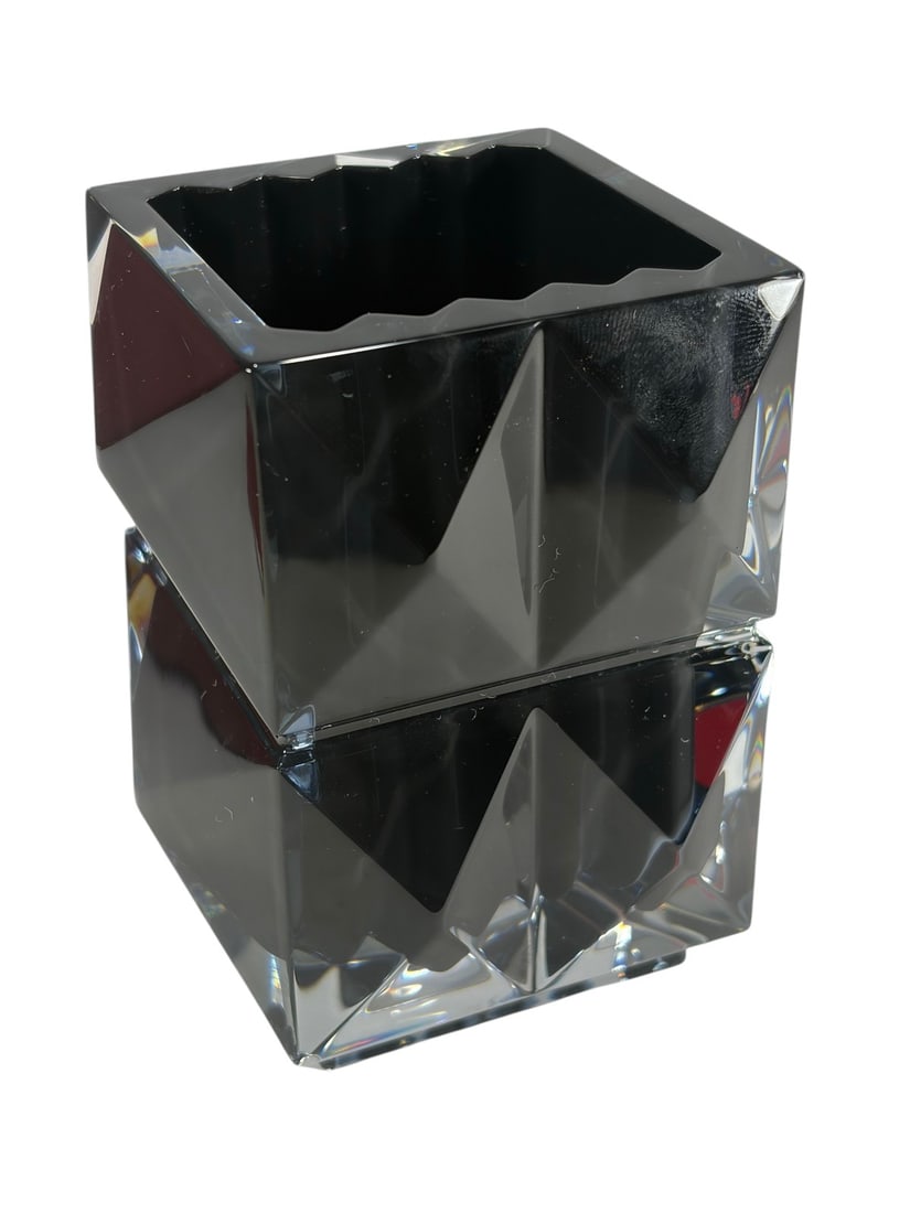 Baccarat France Louxor Black Crystal Vase w/ Box: Baccarat Louxor black crystal vase inspired by ancient Egyptian architecture, featuring the collection's signature diamond-cut pattern with beveled edges and vertical facets that create striking light