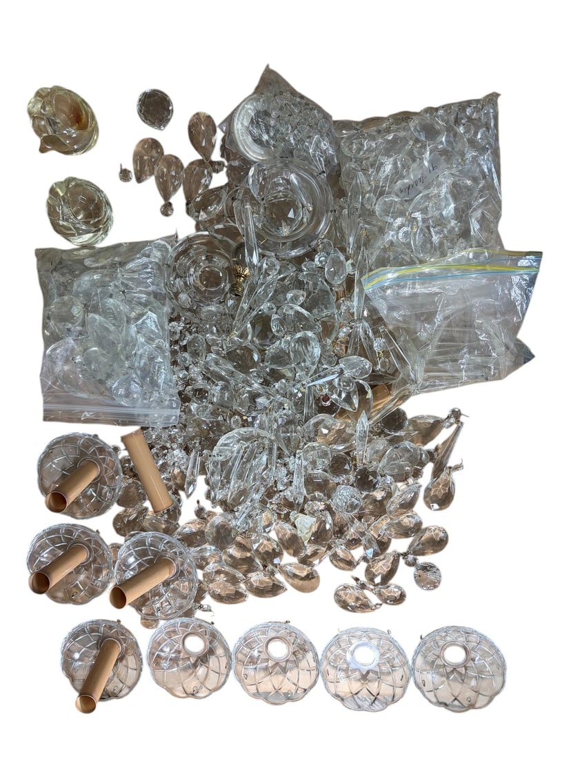 Assorted Crystal Chandelier Parts & Prisms 21pcs: Assorted 21-pound lot of crystal chandelier replacement parts and lighting components. Includes a large selection of faceted crystal prisms, teardrop pendants, spear drops, crystal beads, bobeches, ca