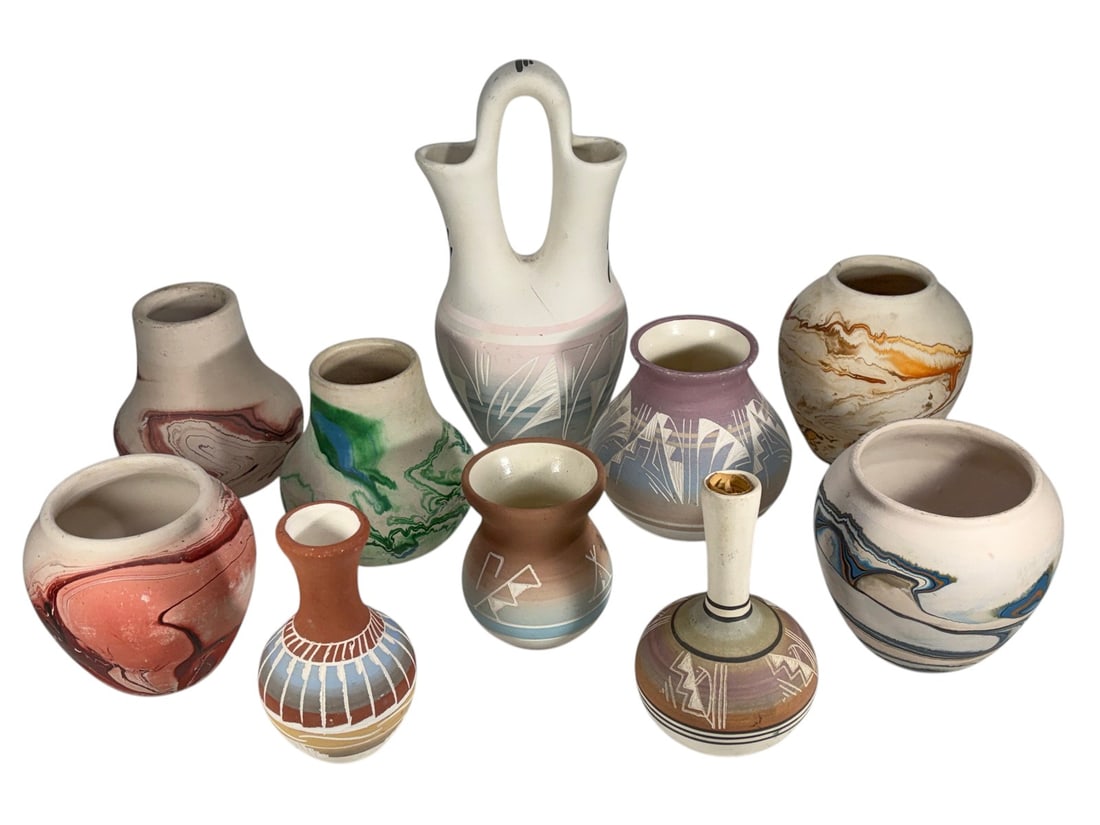 Assorted Southwestern Art Pottery Collection 10pcs: Collection of ten Southwestern-style art pottery pieces including vases, seed pots, a wedding vase, decorative vessels, and miniature forms. Decorated with marbled, incised, geometric, and Pueblo-insp