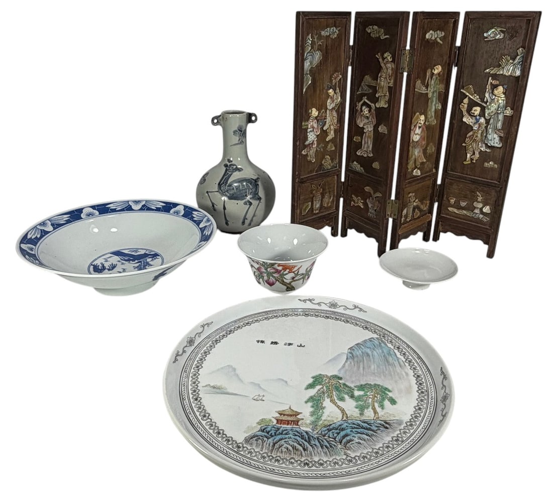 Asian Porcelain & Carved Wood Folding Screen 6pcs (1 of 7)