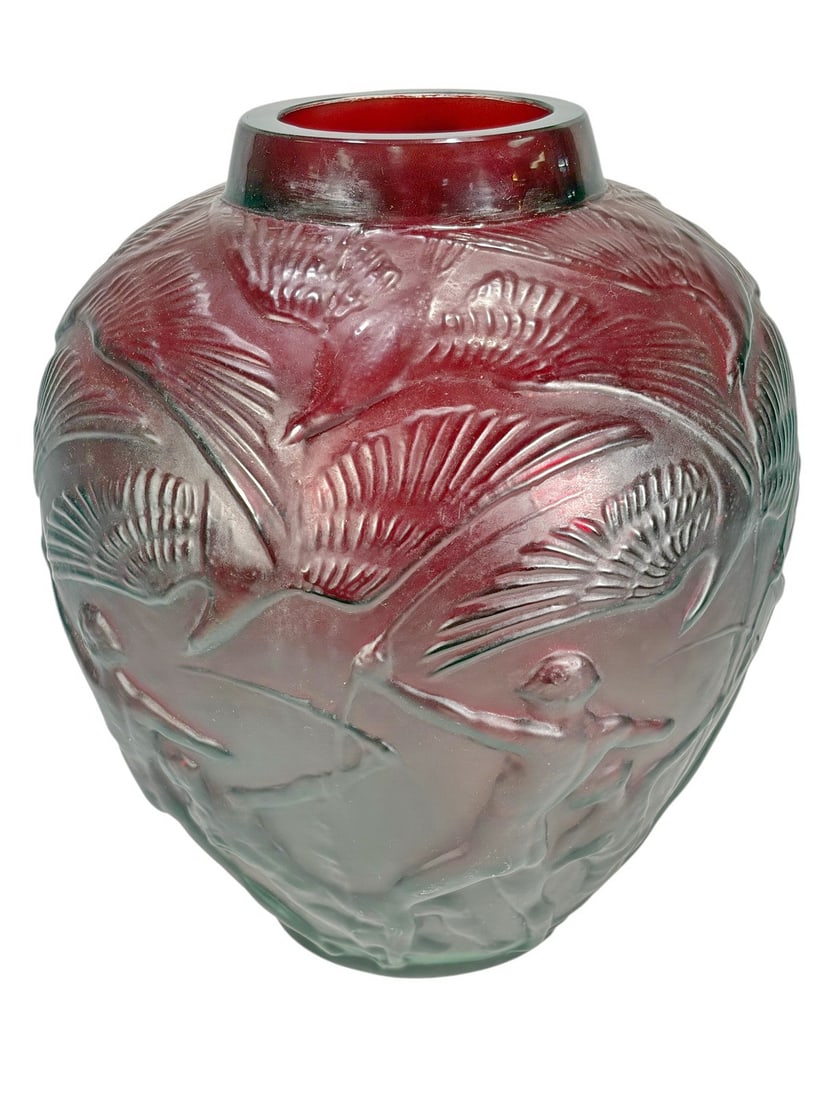 After Rene Lalique Archers Frosted Art Glass Vase: Frosted and cranberry red art glass vase made after Rene Lalique's iconic Archers design. Features molded relief decoration with stylized nude archers among sweeping foliage encircling the body. Acid-