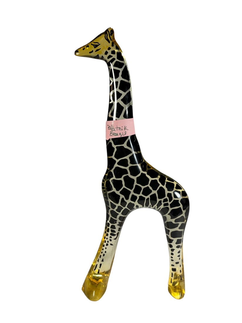 Palatnik Brazil Lucite Giraffe Figure Sculpture: Palatnik Brazil acrylic (lucite) giraffe sculpture featuring transparent amber-toned legs and head with a black and gold giraffe pattern throughout the body and neck. Marked "Palatnik Brazil". A moder