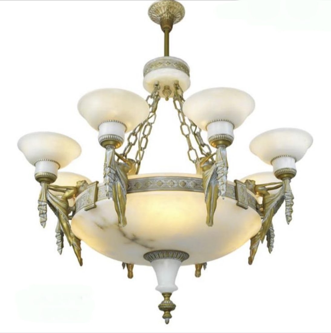 Art Deco Alabaster & Gilt Metal 5 Light Chandelier (1 of 7)
