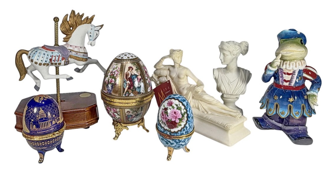 Mixed Decorative Figurines & Trinket Boxes 7pc LOT: Lot of seven assorted decorative collectibles including a Greek-style alabaster reclining female figure with certificate, a hand-carved alabaster bust marked "Made in Greece," a glazed ceramic frog fi