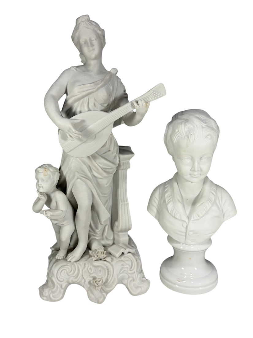 Meissen Style Figural Groups & Portrait Busts 4pcs: Lot of four white porcelain figures including two Meissen style classical female figures with cherubs and two child portrait busts on pedestal bases. One figure depicts a seated musician playing a lut