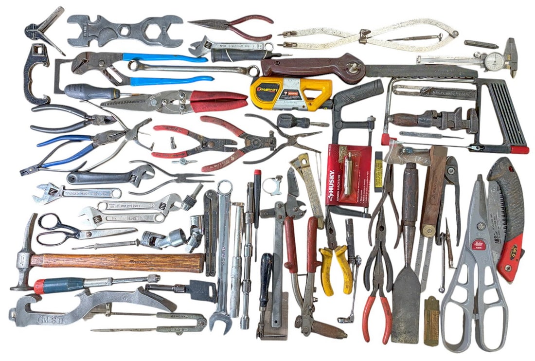 Mixed Hand Tools & Workshop Hardware 75pc LOT: Large 75-piece lot of assorted hand tools and workshop accessories, including hammers, pliers, wrenches, screwdrivers, punches, files, measuring tools, clamps, and other specialty hand tools. Includes
