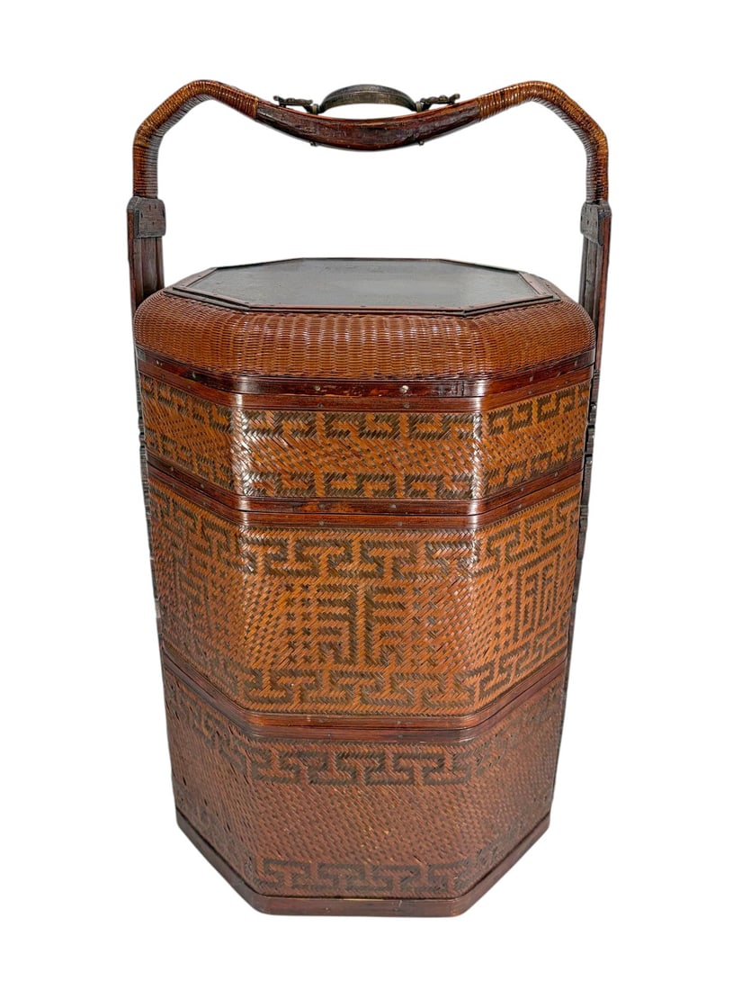 Antique Chinese Octagonal Wicker Wedding Basket (1 of 9)