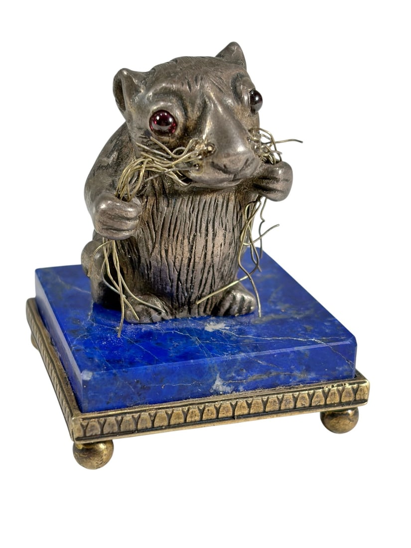Russian 84 Silver Mouse on Lapis Lazuli Base Fig: Russian 84 silver mouse figure with red stone eyes mounted on a polished lapis lazuli base. Silver border bears an 84 zolotnik mark, approximately .875 silver. Suitable as a desk accessory, paperweigh