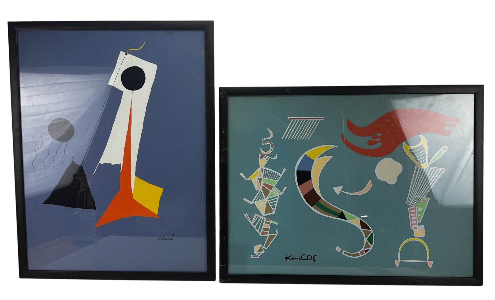 Screenprints on Paper after Miro and Kandinsky LOT: Estate lot of two screen prints on paper, both are works after the respective artists. One titled La Lune (The Moon) by Joan Miro, the other titled The Arrow by Wassily Kandinsky. Both compositions fe