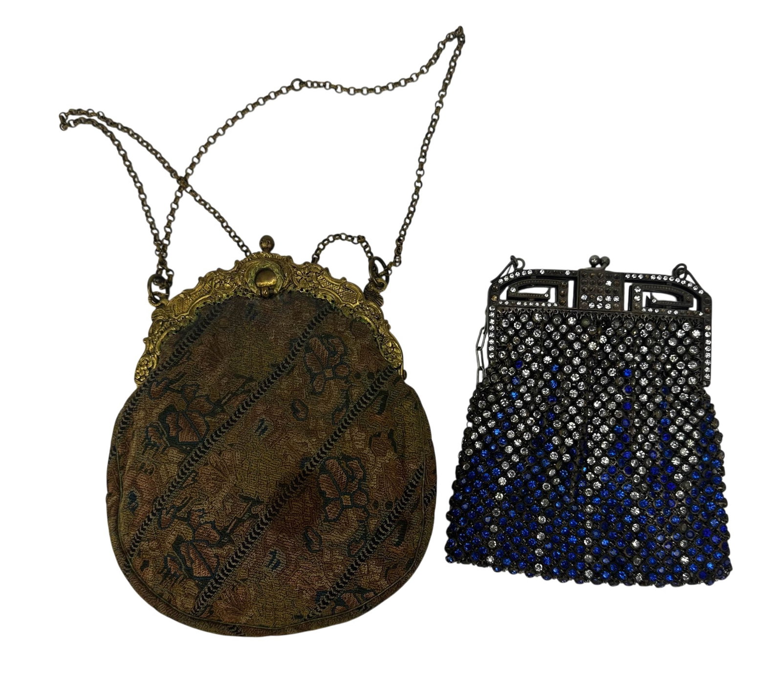 Floral Tapestry and Rhinestone Mesh Purse Bags LOT: Lot of two vintage evening handbag purse bags. Includes a mesh purse with blue and clear rhinestone decoration, metal frame, chain handle, and stamped France to the inside, together with a floral tape