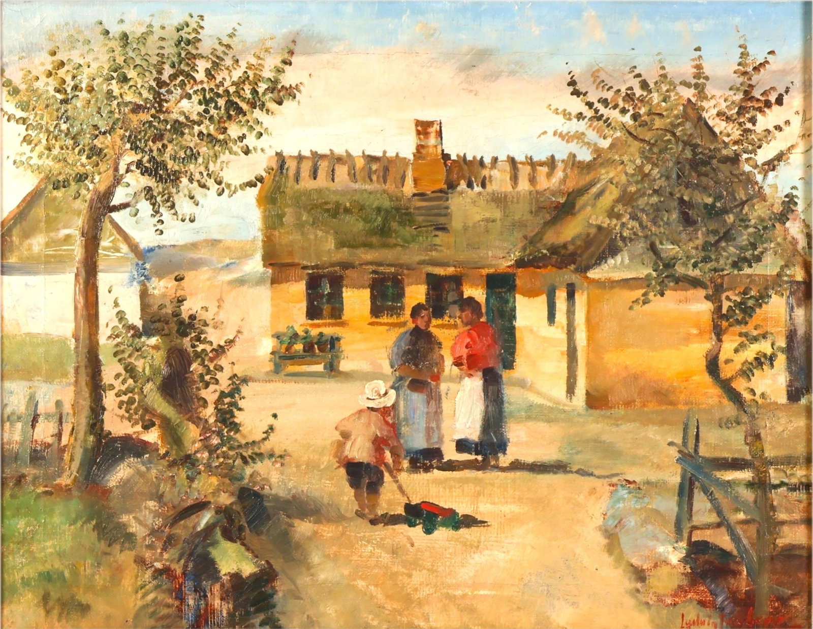 Ludvig Jacobsen 1890-1957 Village Scene Painting: Ludvig Jacobsen (Danish, 1890-1957), oil on canvas genre painting depicting a rural village scene with figures gathered outside thatched roof cottages. The composition features a child in the foregrou