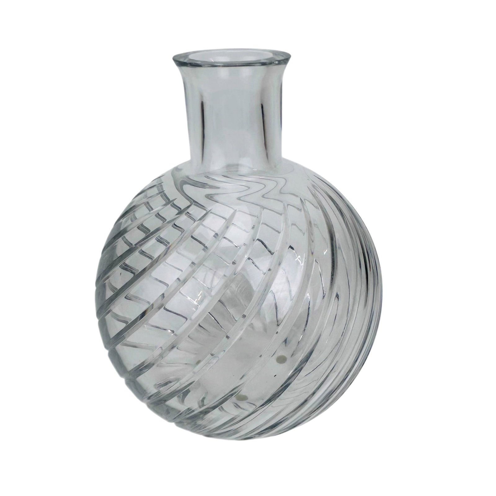 Baccarat French Cyclades Cut Spiral Optic 10" Vase: Baccarat France Cyclades pattern crystal flower vase, produced circa 1991-1993. Heavy globe form body with wide cylindrical neck and cut spiral optic design encircling the exterior. Acid etched Baccar