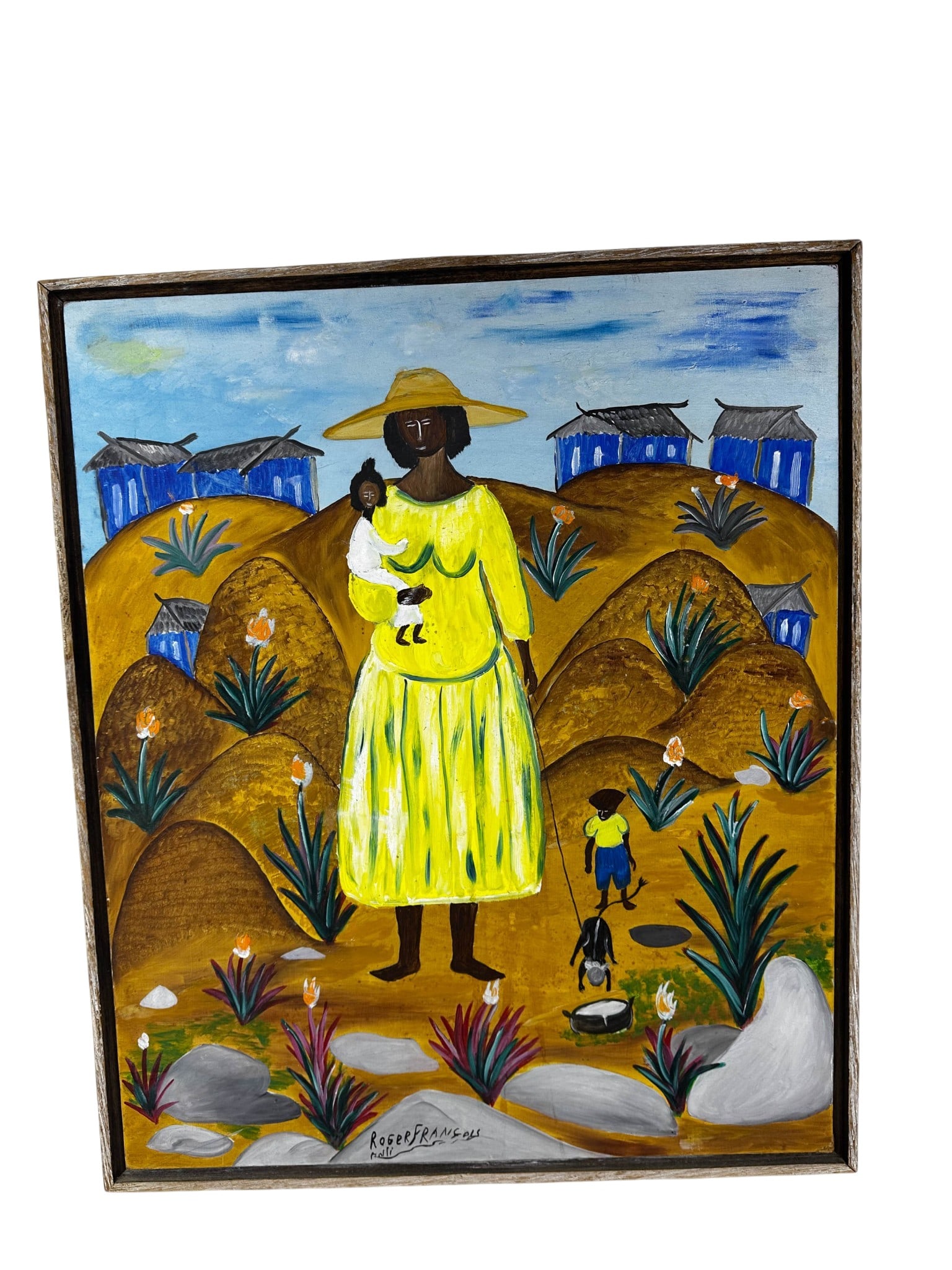 Roger Francois 1928-2013 Haitian Folk Art Painting: Roger Francois (Haitian, 1928-2013) oil painting on board. Composition depicts a standing woman wearing a broad hat while holding an infant, accompanied by a child and livestock within a rural landsca