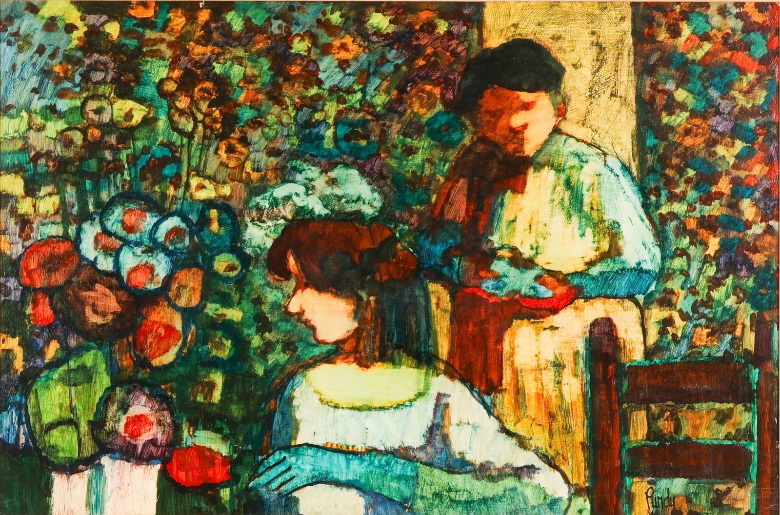Donald Purdy 1924-2016 Flower Shop Scene Painting: Donald Purdy (American, 1924-2016), oil on board depicting a figural flower shop with an intimate interior scene with two female figures surrounded by abundant floral arrangements and decorative patte