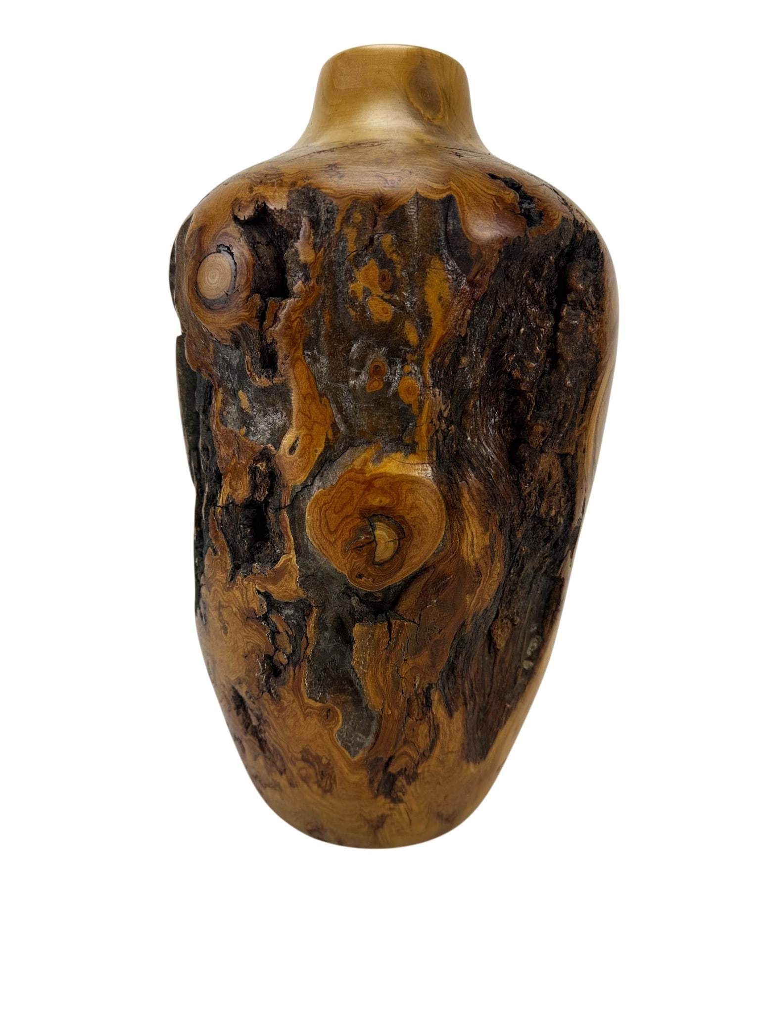 Lathe Turned Aspen Burl Exotic Wooden Vase SIGNED: Hand turned burl wood vessel displaying a rounded body with a short cylindrical neck and wide opening. The surface retains natural bark inclusions, live edge voids, knots, spalting, swirling grain, an