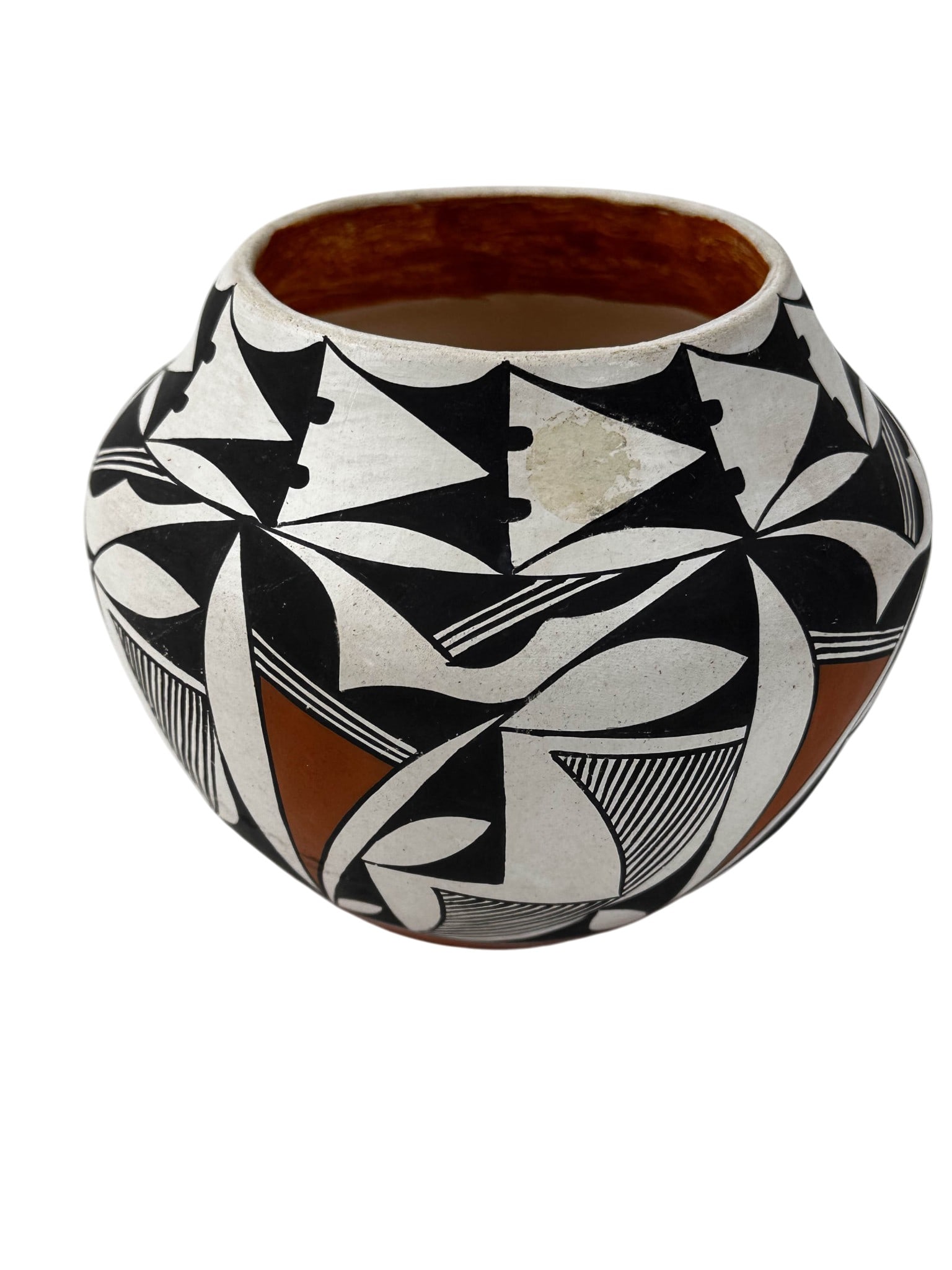 Emma Chino Aocma Pueblo New Mexico Vessel Vase: Emmalita "Emma" Chino (New Mexico, born 1931) Native American potter hand-painted Acoma Pueblo pottery olla featuring a rounded form with a wide mouth and geometric black-on-white decoration accented 