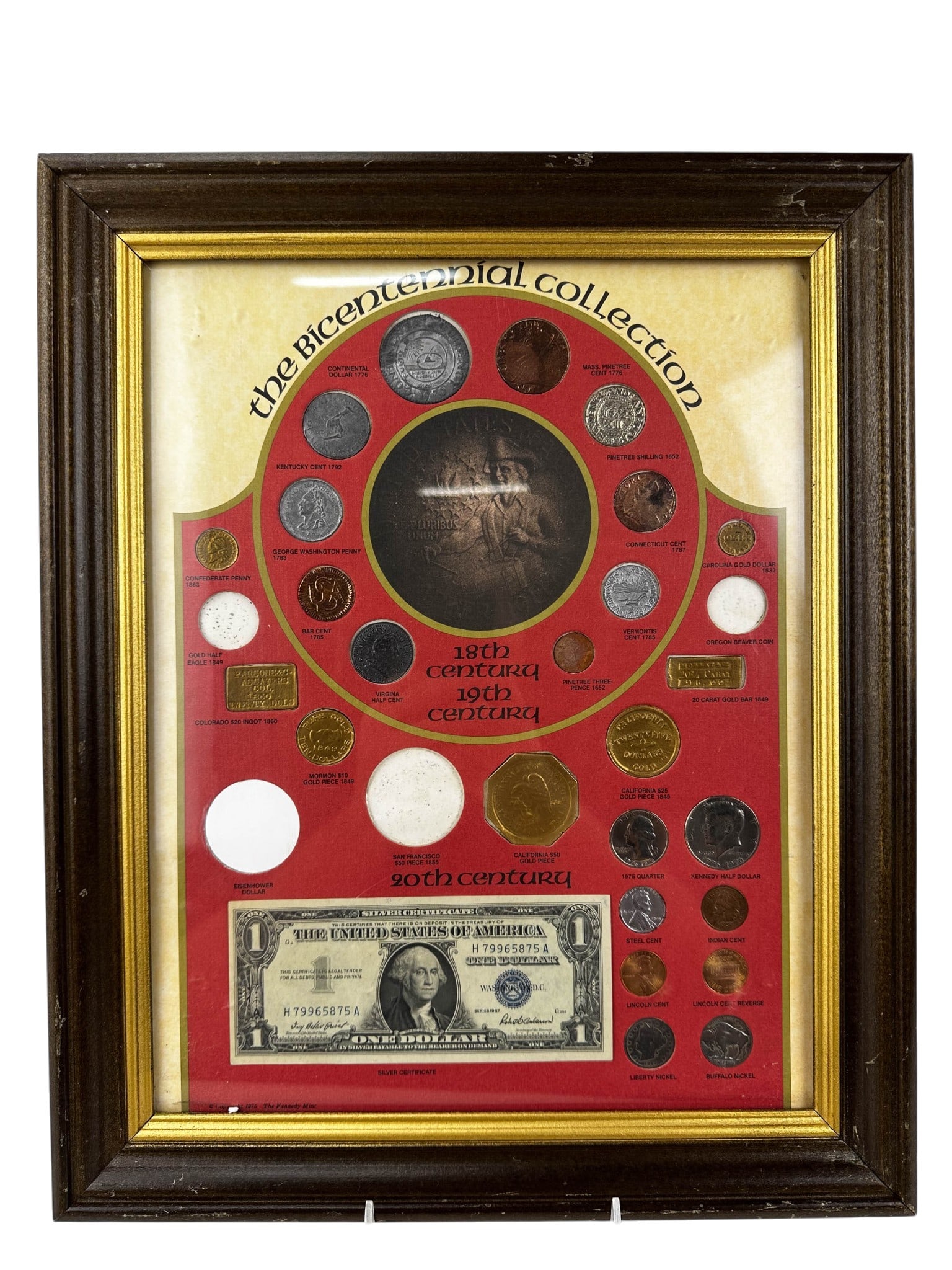 Bicentennial Assorted US Coin Collection FRAMED: The Bicentennial Collection display featuring a mounted assortment of reproduction and commemorative American colonial and United States coin replicas arranged chronologically from the 17th through th