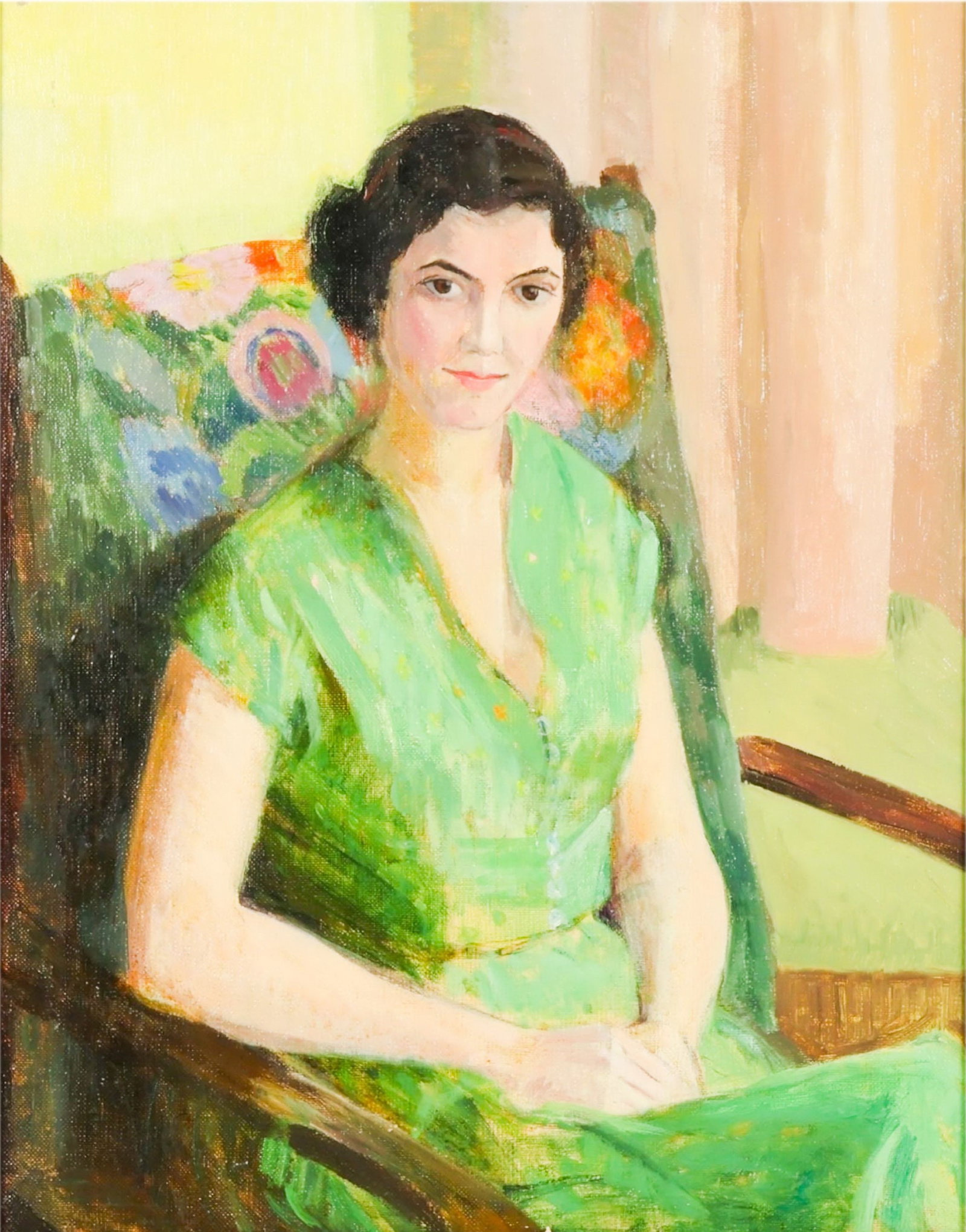Cahutcainson 20C. A Portrait of Joan Oil Painting: Cahutcainson (French, 20th century), Portrait of Joan, oil on canvas portrait painting depicting a seated woman in a green dress within an interior setting. The composition presents the figure in a re