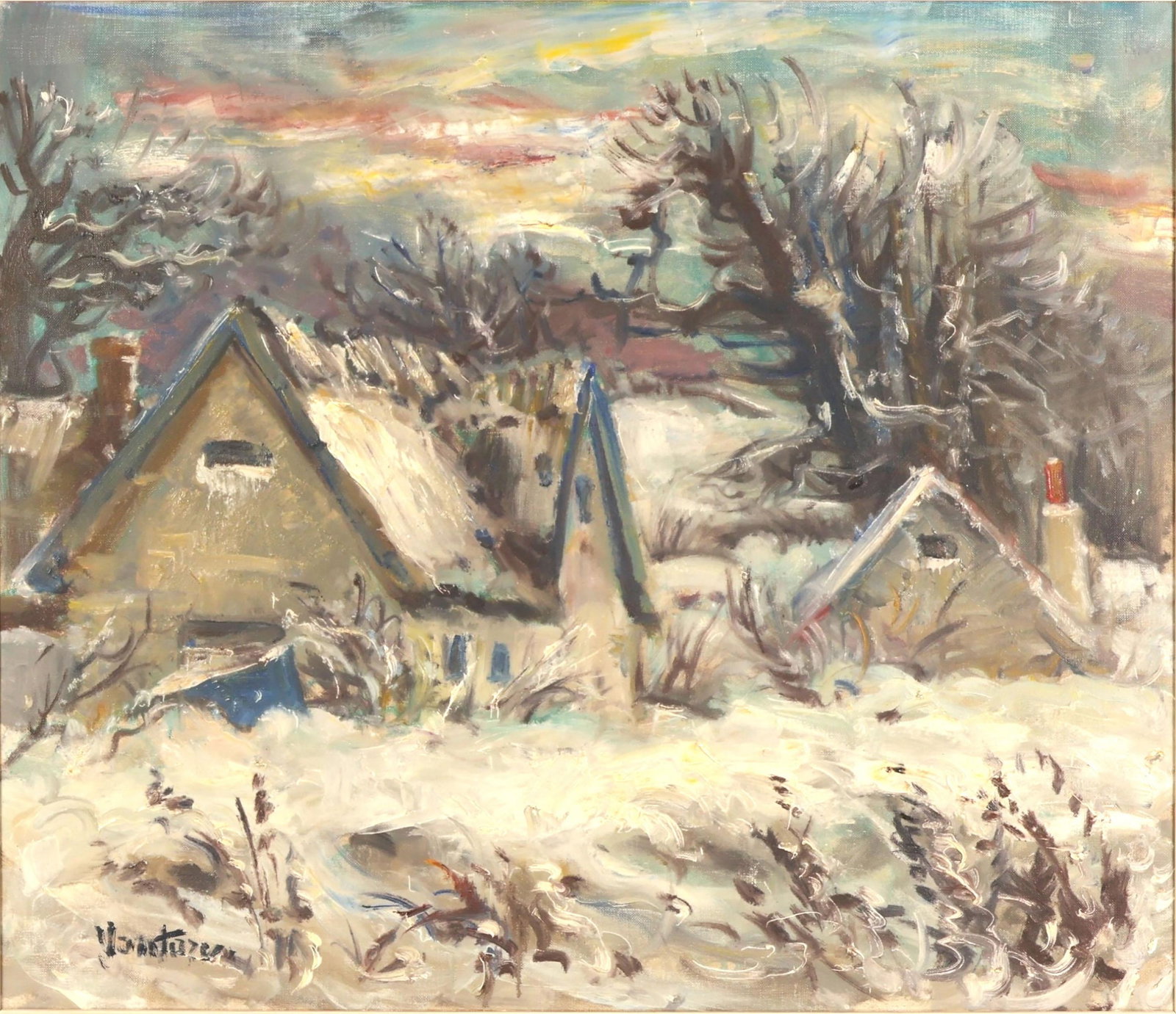 Mogens Vantore 1895-1977 Grey Landscape Painting: Mogens Vantore (Danish, 1895-1977), oil on canvas winter landscape painting depicting a snow covered rural scene with cottages and barren trees beneath an overcast sky. Rendered with expressive brushw
