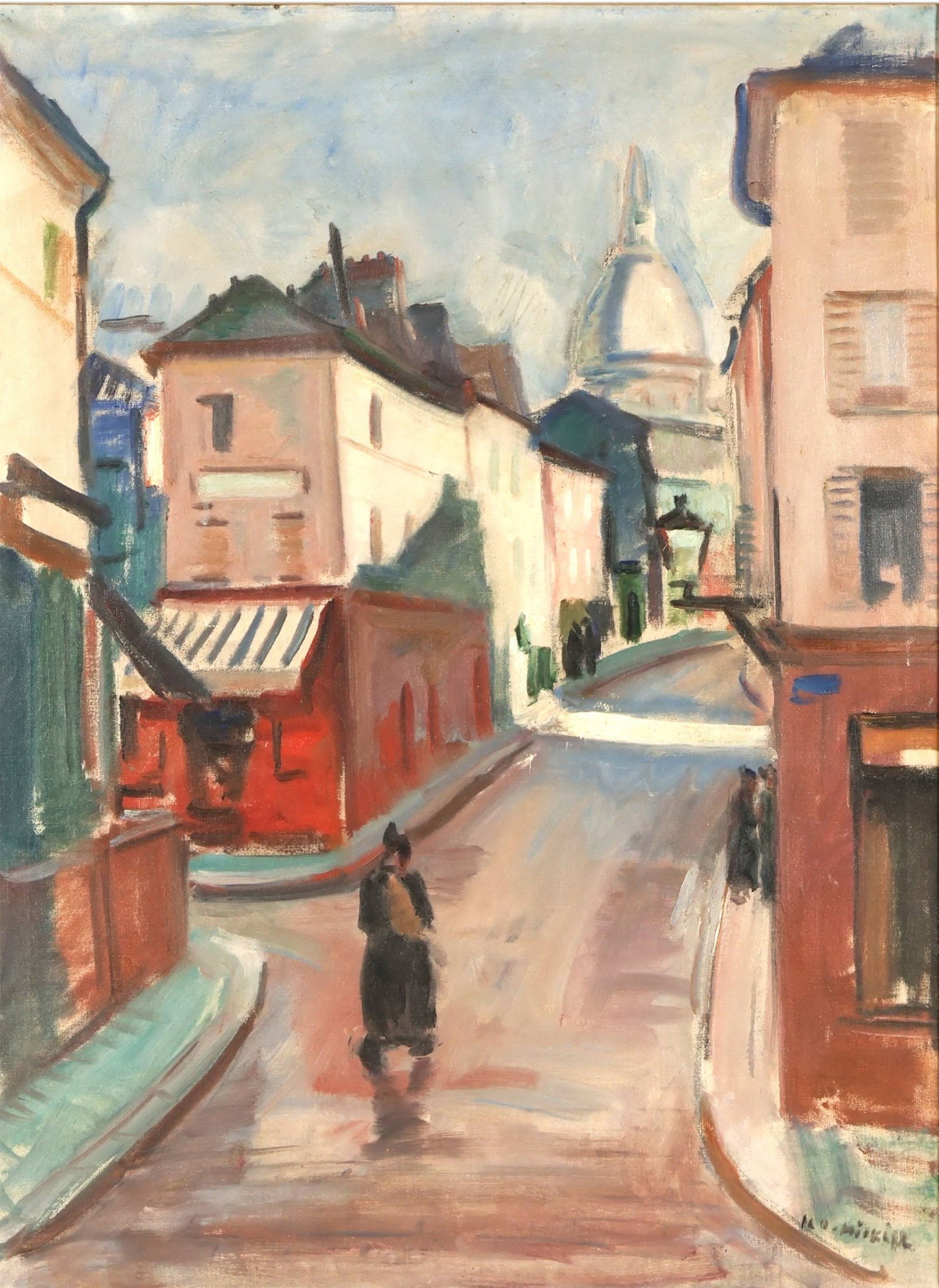 Knud Ove Hilkier 1884-1953 Street Scene Painting: Knud Ove Hilkier (Danish, 1884-1953), oil on canvas cityscape painting depicting an Impressionist street scene, likely a European city view with softly rendered buildings, a winding roadway, and a dom